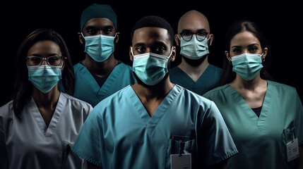 Fototapeta na wymiar Professional surgeon team in mask and uniform looking at camera, hospital work.?reated with Generative AI technology.