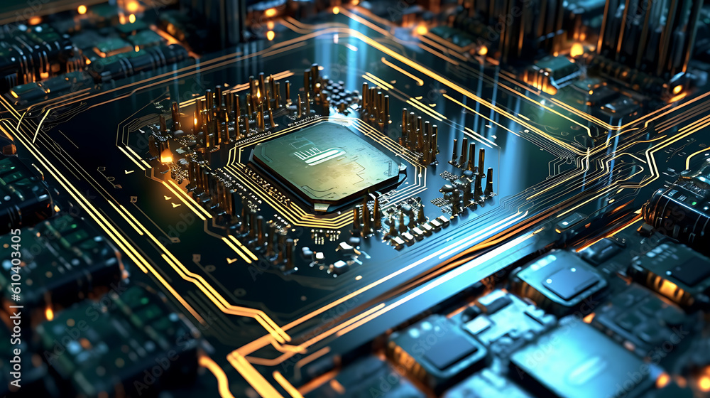 Poster electronic circuit board, pcb (printed circuit board) with processor, microchips and glowing digital