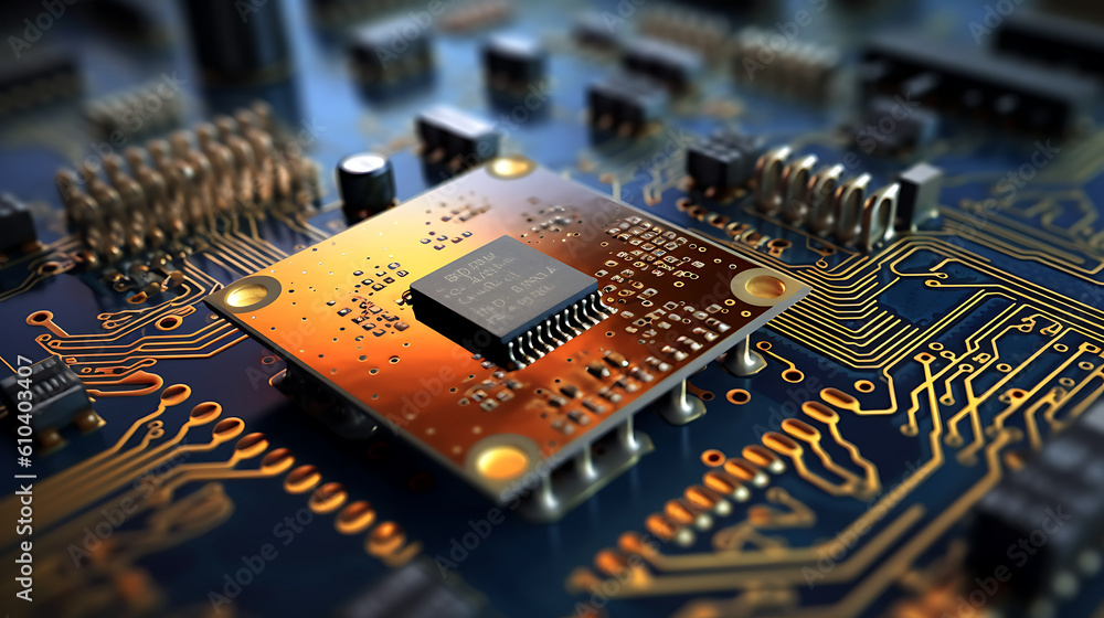 Poster electronic circuit board, pcb (printed circuit board) with processor, microchips and glowing digital