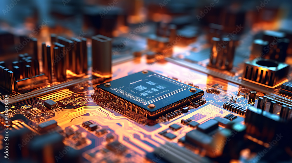 Poster electronic circuit board, pcb (printed circuit board) with processor, microchips and glowing digital