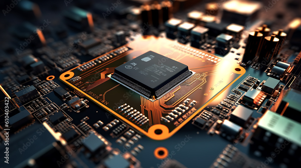 Poster electronic circuit board, pcb (printed circuit board) with processor, microchips and glowing digital