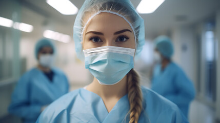 Close-up portrait of a female nurse against the backdrop of colleagues in the modern clinic. ?reated with Generative AI technology.