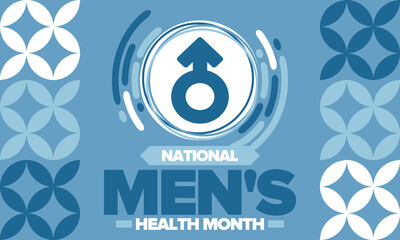 National Men's Health Month in June. Celebrated in United States. Educational program that teaches you how to work on your body. Healthy eating, exercise and disease prevention. Medical vector poster