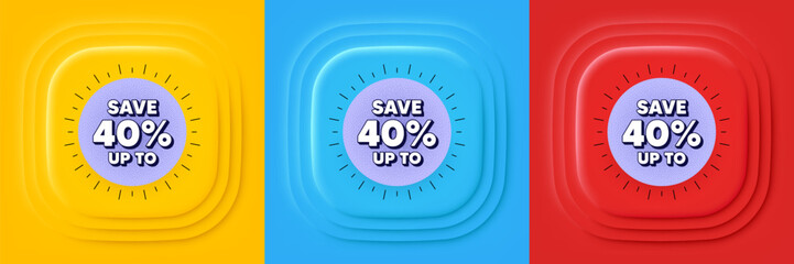 Sale offer noise grain banner. Neumorphic offer banner, flyer or poster. Save 40 percentage discount coupon. Price offer tag icon. Discount offer promo event banner. 3d square buttons. Vector