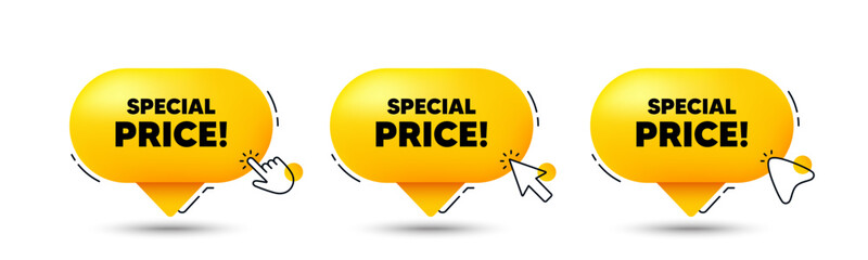 Special price tag. Click here buttons. Sale sign. Advertising Discounts symbol. Special price speech bubble chat message. Talk box infographics. Vector