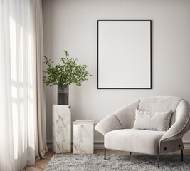 Mockup poster frame on the wall of living room. Luxurious apartment background with contemporary design. Modern interior design. 3D render, 3D illustration