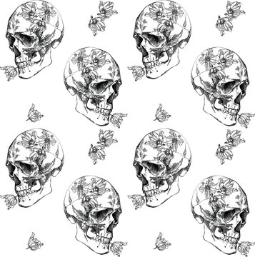 Vintage Skull With Flowers Seamless Pattern	