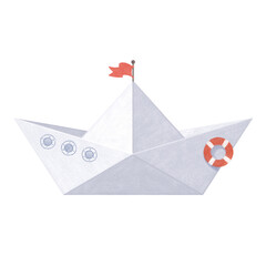 White folded paper boat with red flag and lifebuoy, hand drawn illustration, transparent background, png