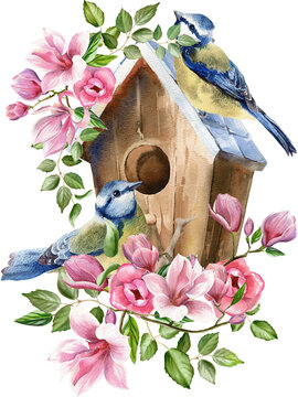 Watercolor birdhouse illustration