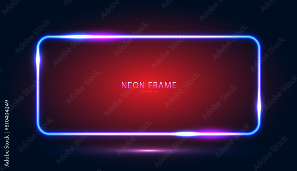 Poster neon rectangular frame with shining effects on a dark blue red background. an empty glowing technoph
