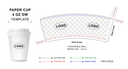 Paper cup die cut template for 4 ounce Double Wall that includes a blank 3d vector mockup used for hot drinks such as coffee, tea, latte and cappuccino	