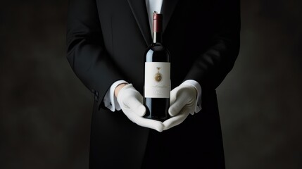Elegance personified: a butler gracefully holding a wine bottle - obrazy, fototapety, plakaty