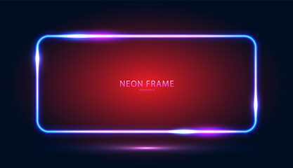 Neon rectangular frame with shining effects on a dark blue red background. An empty glowing technophone. Vector illustration.