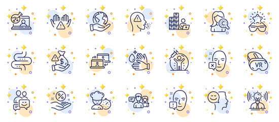 Outline set of Communication, People talking and Collagen skin line icons for web app. Include Good mood, Best glasses, Wash hands pictogram icons. Online chemistry, Intestine. Vector
