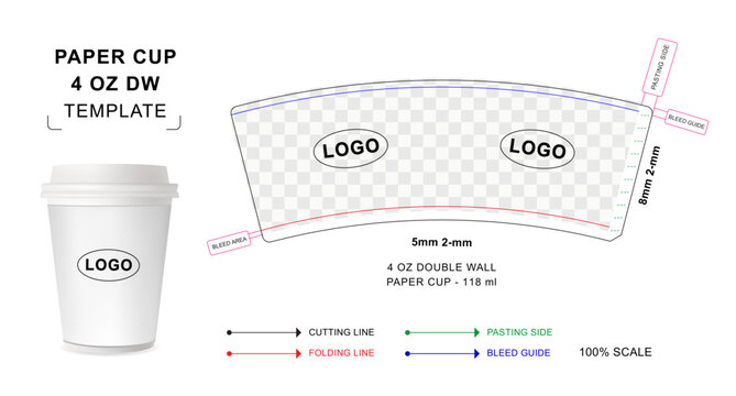 Paper cup die cut template for 4 ounce Double Wall that includes a blank 3d vector mockup used for hot drinks such as coffee, tea, latte and cappuccino	