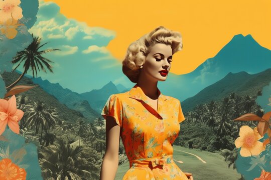 Young fashionable woman in dress and with bright red lipstick in retro style of 60s on background mountains palm and flowers collage on theme of summer travel illustration for poster Generative AI
