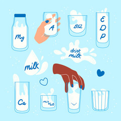 Glasses of milk set. Diverse hands holding containers with white liquid. Dairy product nutrition. Flat modern vector illustration isolated on blue background