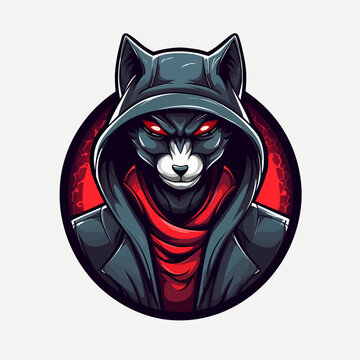 Hooded cat with red background, hacker logo