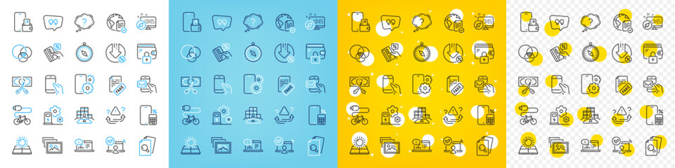 Vector icons set of Question mark, Cut tax and Sun energy line icons pack for web with Online voting, Web system, Fake news outline icon. Inspect, Inventory, Electric bike pictogram. Vector