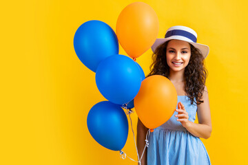 photo of summer woman with balloons wearing hat, copy space. summer woman with balloons