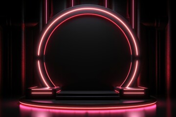 Fototapeta premium Illuminating the stage, a neon podium shines with vibrant colors.