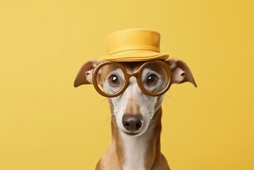 Portrait of a stylish dog in glasses and a hat close-up. Travel concept. Generative AI
