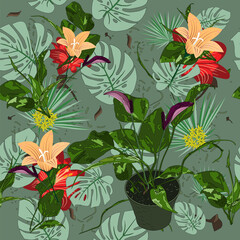 Beautiful endless gentle floral summer fashion fabric design pattern. Potted houseplant, monstera leaves with orange and red lilies on light green turquoise background. Stock illustration.