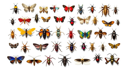 Different insects, bugs types collection photo realistic. isolated transparent background, generative ai