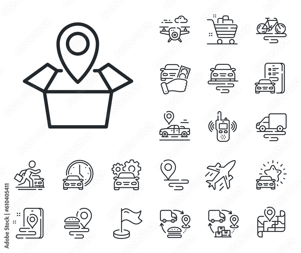 Poster delivery monitoring sign. plane, supply chain and place location outline icons. package tracking lin