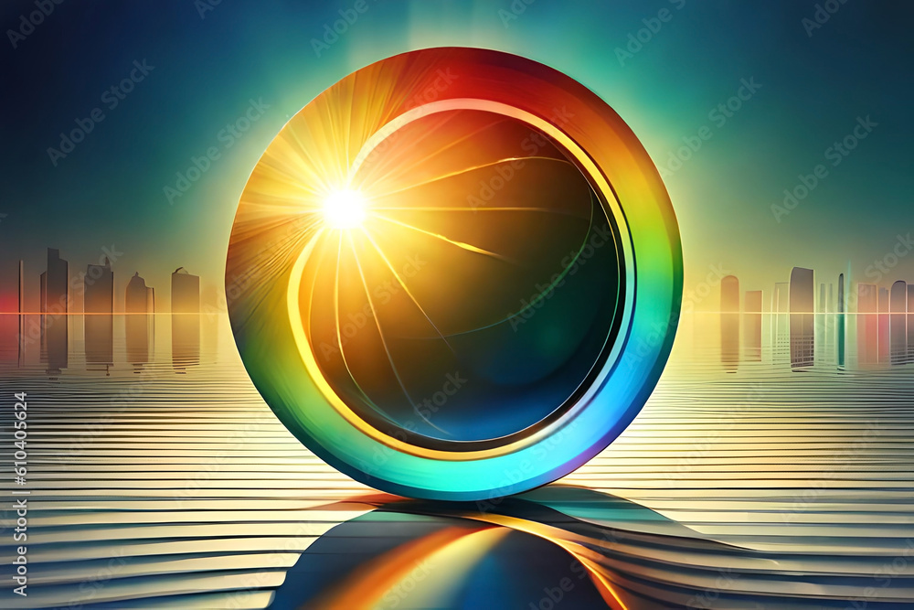 Poster a camera lens with a prism, refracting light into a spectrum of colors, symbolizing the art and scie