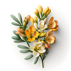 Obraz premium Bouquet of freesia flower plant with leaves isolated on white background. Flat lay, top view. macro closeup 