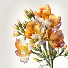 Obraz na płótnie Canvas Bouquet of freesia flower plant with leaves isolated on white background. 3D rendering. Flat lay, top view. macro closeup 