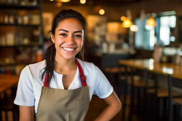 latina waitress at a local cafe smiling into the camera - Generative AI - obrazy, fototapety, plakaty