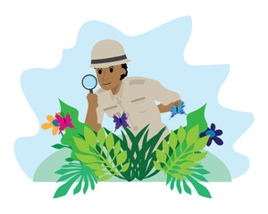 vector design of a researcher wearing a brown shirt and hat looking down and observing butterflies and leaves using a magnifying glass on a green plant