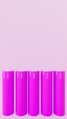 3d illustration in vertical position of purple batteries in purple environment, energy theme