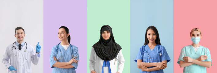 Set of doctors on colorful background