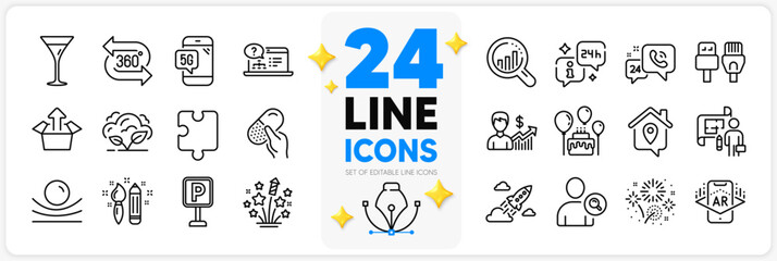 Icons set of Work home, Seo analysis and Parking line icons pack for app with Capsule pill, Fireworks stars, Find user thin outline icon. Business growth, Startup rocket, Creativity pictogram. Vector
