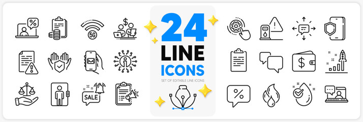 Icons set of Sms, Cogwheel settings and Elevator line icons pack for app with Insurance hand, Petrol station, Promotion bell thin outline icon. Instruction manual, Flammable fuel. Vector