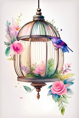 Watercolor Birdcage in Boho Chic Style with flowers created with Generative AI technology