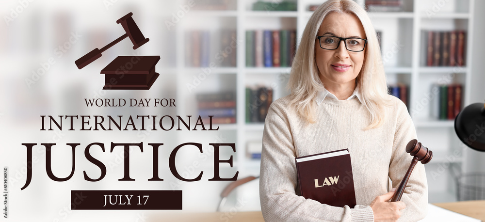 Wall mural Banner for World Day for International Justice with female judge