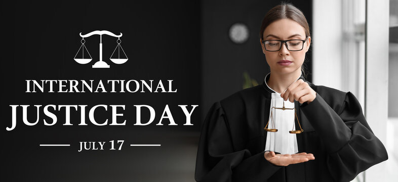 Banner for World Day for International Justice with female judge - Powered by Adobe