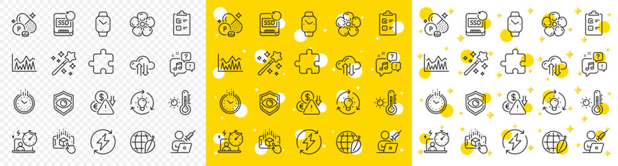 Outline Investment, Idea and Cloud sync line icons pack for web with Smartwatch, Magic wand, Vaccination appointment line icon. Checklist, Timer, Environment day pictogram icon. Vector