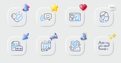 Journey path, Architect plan and Vacancy line icons. Buttons with 3d bell, chat speech, cursor. Pack of Seo strategy, Insomnia, Money change icon. Happy emotion, Medical pills pictogram. Vector