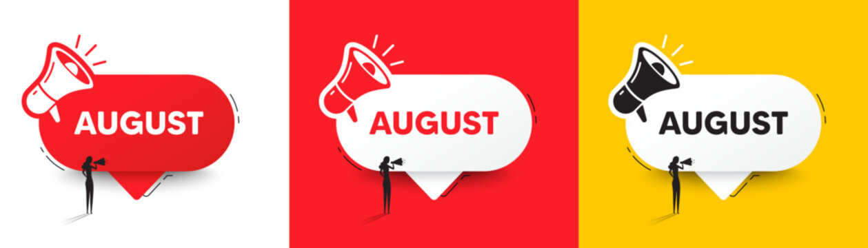August month icon. Speech bubble with megaphone and woman silhouette. Event schedule Aug date. Meeting appointment planner. August chat speech message. Woman with megaphone. Vector