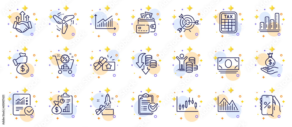 Aufkleber outline set of tax calculator, discounts app and candlestick graph line icons for web app. include s