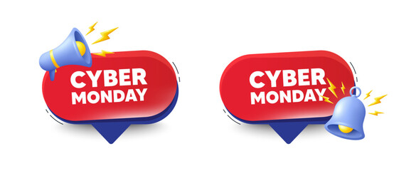 Cyber Monday Sale tag. Speech bubbles with 3d bell, megaphone. Special offer price sign. Advertising Discounts symbol. Cyber monday chat speech message. Red offer talk box. Vector