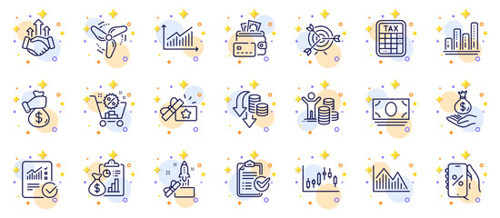 Fototapeta na wymiar Outline set of Tax calculator, Discounts app and Candlestick graph line icons for web app. Include Shopping cart, Wind energy, Income money pictogram icons. Cash money, Budget profit. Vector