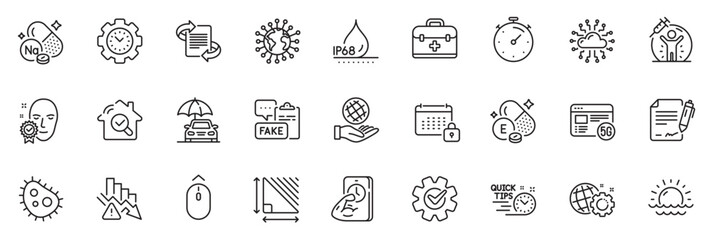 Icons pack as Safe planet, Time management and Sunset line icons for app include Fake document, Waterproof, Car insurance outline thin icon web set. Calendar, First aid, Deflation pictogram. Vector