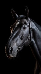 Portrait of a black horse, close-up. vertically. Generative AI