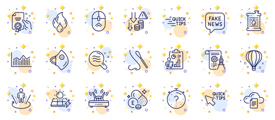Outline set of Certificate, Nasal test and Augmented reality line icons for web app. Include Oil barrel, Air balloon, Quick tips pictogram icons. Report, Medical mask, Money diagram signs. Vector